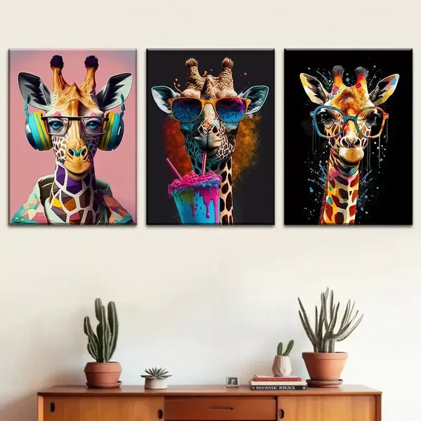 3pcs stylish giraffe - animal paintings graffiti Wall Art Set Canvas Framed 60x90cm - High Quality Print 100% Australian Made Wall Canvas Ready to Hang - Bella Home Decor