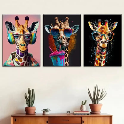 3pcs stylish giraffe - animal paintings graffiti Wall Art Set Canvas Framed 60x90cm - High Quality Print 100% Australian Made Wall Canvas Ready to Hang - Bella Home Decor