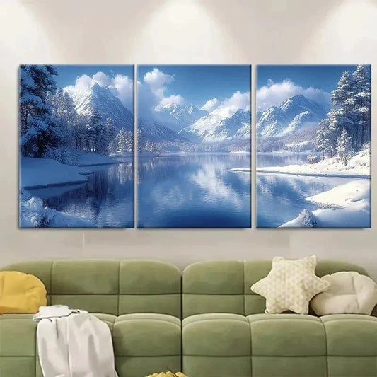 3pcs Snowy Lake Mountains CZ Wall Art Set Canvas Framed 50x70cm - High Quality Print 100% Australian Made Wall Canvas Ready to Hang