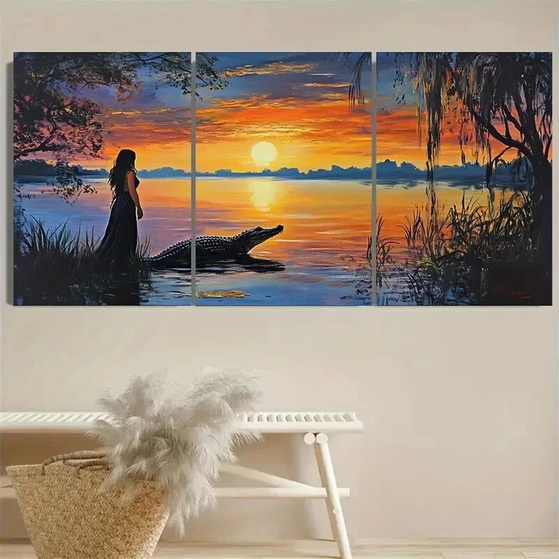 3pcs Sunrise Silhouette Woman and Alligator Nature Metal Print Ready to Hang Art - Bella Home Decor