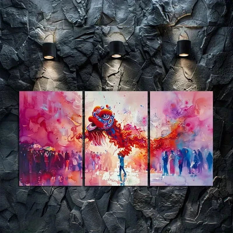 3pcs Lion Dance Blends with The Natural Scenery Metal Print Ready to Hang Art