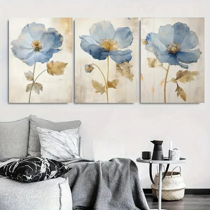 3pcs Blue Floral Modern Botanical Wall Art Set Canvas Framed 40x60cm - High Quality Print 100% Australian Made Wall Canvas Ready to Hang - Bella Home Decor