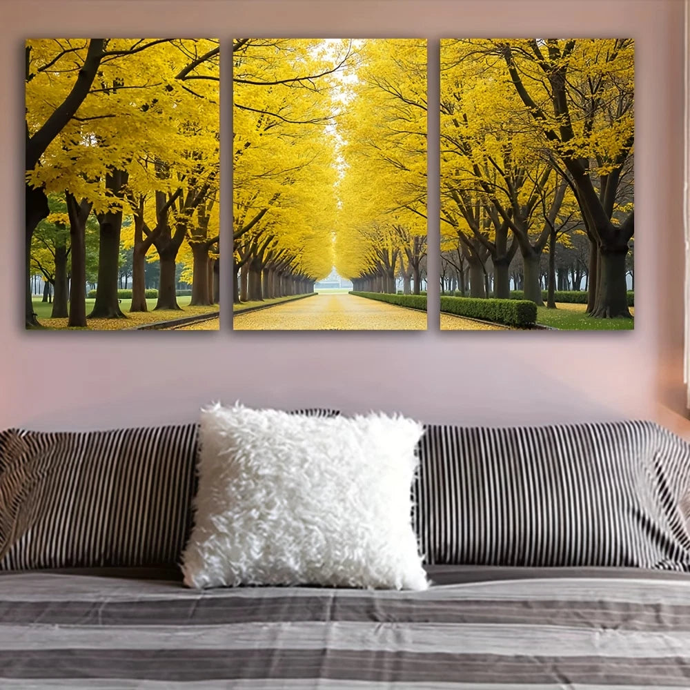 3pcs Autumn Road with Golden Trees Wall Art Set Canvas Framed 40x60cm - High Quality Print 100% Australian Made Wall Canvas Ready to Hang - Bella Home Decor