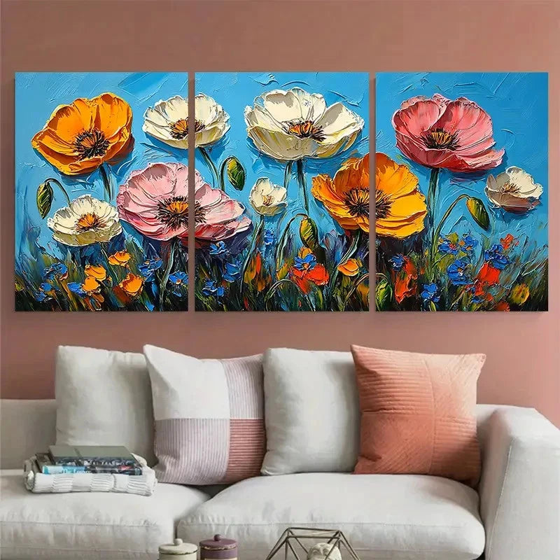 3pcs California Poppy Abstract Flowers Impasto Metal Print Ready to Hang Art - Bella Home Decor