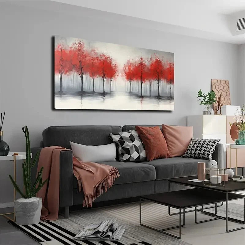 Red Trees With Thin Trunks Wall Art Canvas Office Home Room Framed 120x60cm - Bella Home Decor