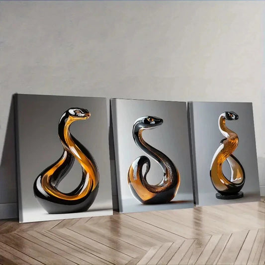 3pcs Elegant Snake Glass Sculpture Wall Art Set Canvas Framed 40x60cm - High Quality Print 100% Australian Made Wall Canvas Ready to Hang