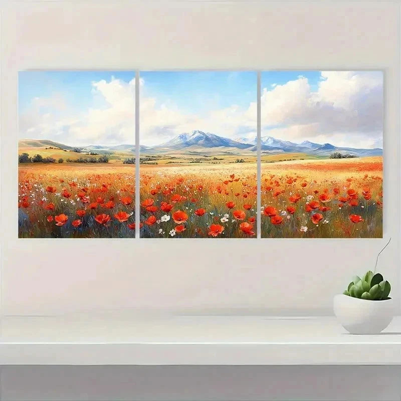 3pcs Vibrant Poppy Meadow Mountain View Perfect Wall Art Set Canvas Framed 60x90cm - High Quality Print 100% Australian Made Wall Canvas Ready to Hang