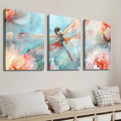 3pcs Vibrant Spring Flowers & Dragonfly Wall Art Set Canvas Unframed - High Quality Print 100% Australian Made Wall Canvas