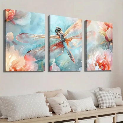 3pcs Vibrant Spring Flowers & Dragonfly Wall Art Set Canvas Unframed - High Quality Print 100% Australian Made Wall Canvas