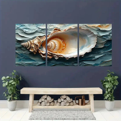 3pcs Vibrant Blue & Orange Oyster Shell Metal Print Ready to Hang Art