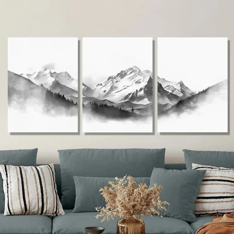 3pcs Black and White Ink Painting, Metal Print Ready to Hang Art