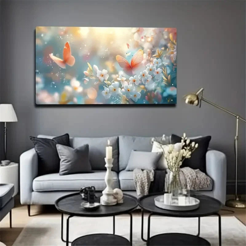 Orange Butterfly White Flower Wall Art Canvas Office Home Room Framed 120x60cm