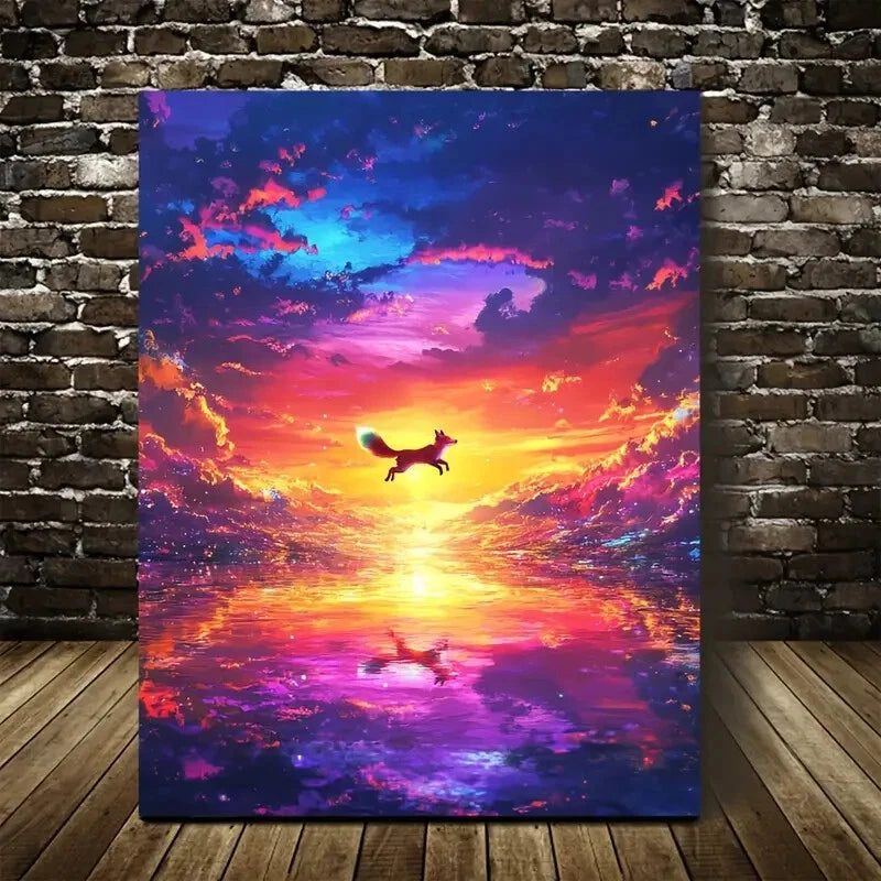 Vibrant Fox Sunset Reflection Joyful Fox Painting 40x60cm Metal Print Ready to Hang - Bella Home Decor