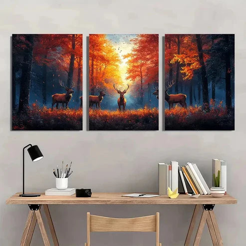 3pcs Rustic Deer Autumn Forest Landscape Perfect Wall Art Canvas Unframed – High Quality Print 100% Australian Made Wall Canvas