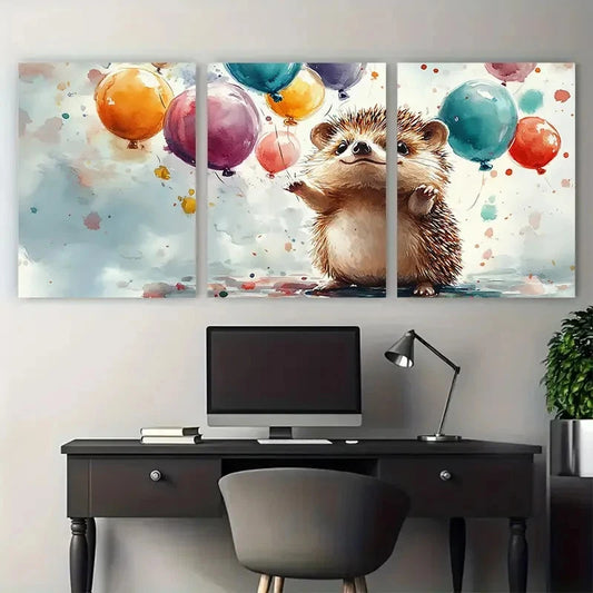 3pcs Happy Hedgehog Colourful Balloons Nursery Wall Art Set Canvas Framed 40x60cm - High Quality Print 100% Australian Made Wall Canvas Ready to Hang