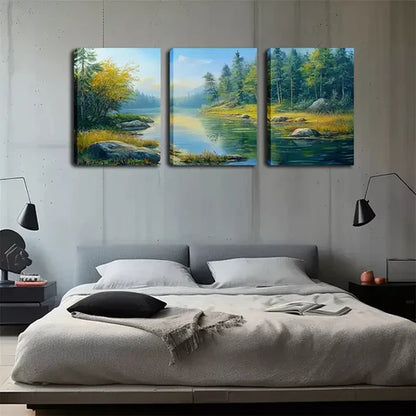 3pcs Spring Stream Landscape with Autumn Leaves Wall Art Canvas Unframed - High Quality Print 100% Australian Made Wall Canvas