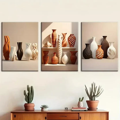 3pcs Featuring Solid Patterned Ceramic Bottle Wall Art Set Canvas Unframed - High Quality Print 100% Australian Made Wall Canvas