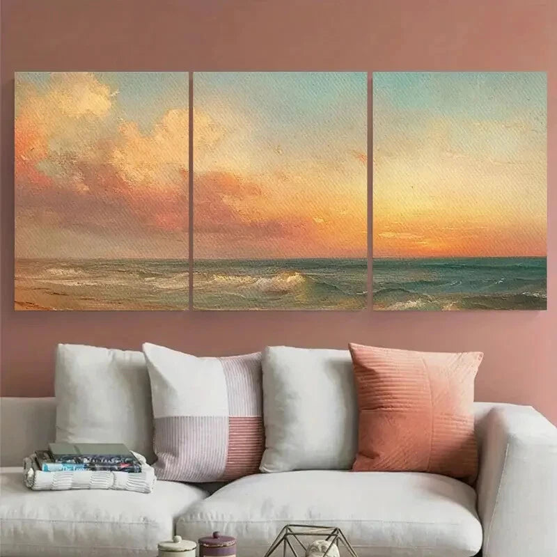 3pcs Vibrant Moody Beach at Sunset Seascape Metal Print Ready to Hang Art