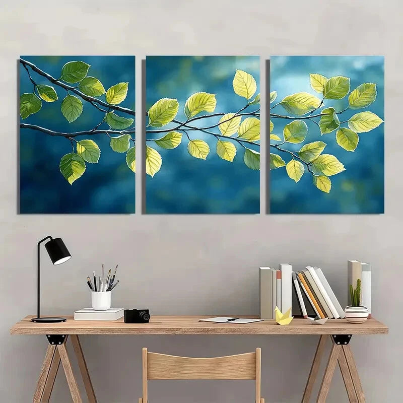 3pcs Green Leaves Spring Birch Watercolor Nature Metal Print Ready to Hang Art - Bella Home Decor