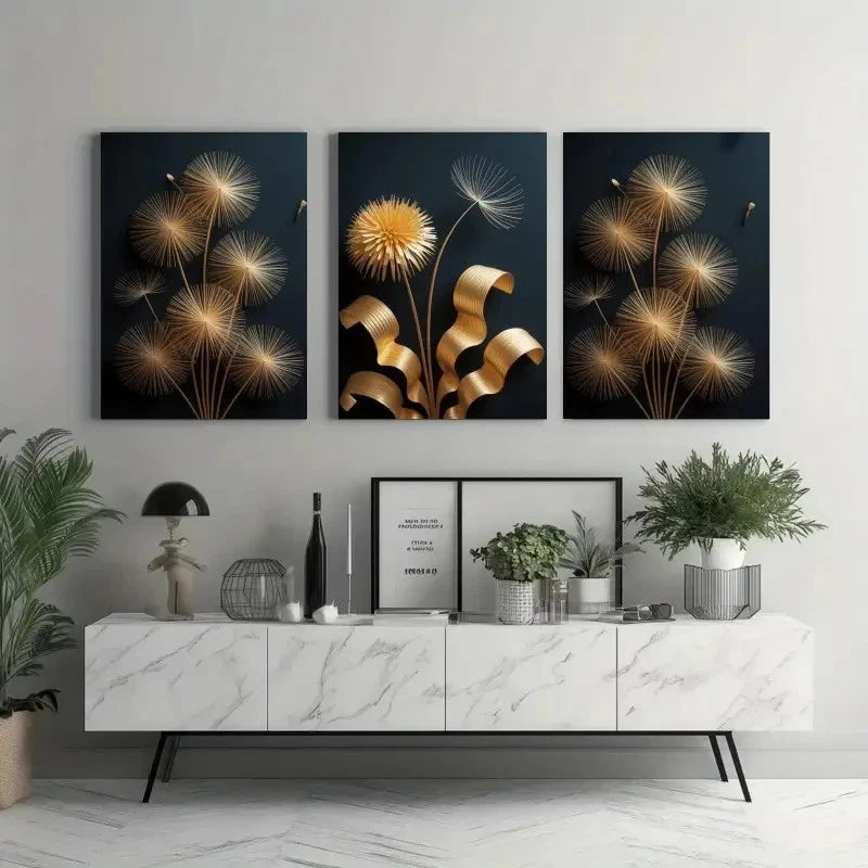 3pcs Dandelion, Golden Leaves Wall Art Set Canvas Framed 50x70cm - High Quality Print 100% Australian Made Wall Canvas Ready to Hang - Bella Home Decor