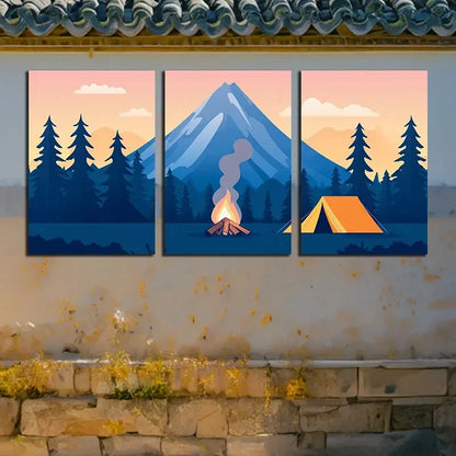 3pcs Nature Mountain, Campfire, and Tent Scenes Metal Print Ready to Hang Art