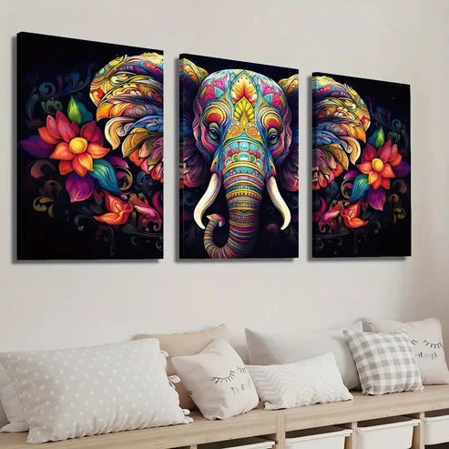 3pcs Colorful Elephant & Floral Wall Art Set Canvas Unframed - High Quality Print 100% Australian Made Wall Canvas