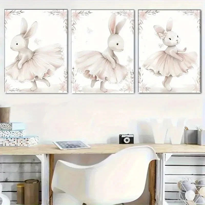 3pcs Adorable Ballet Rabbit Cute Rabbit Dancer Metal Print Ready to Hang Art - Bella Home Decor