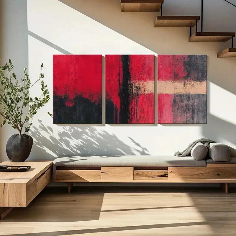 3pcs Abstract Art Red Black White Geometric Design Metal Print Ready to Hang Art - Bella Home Decor