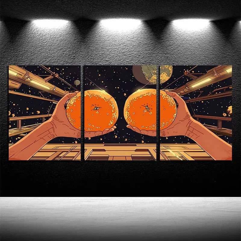 3pcs Vibrant Hands Peeling Orange Design Metal Print Ready to Hang Art