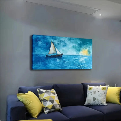 A Small Boat On The Blue Sea Wall Art Canvas Office Home Room Framed 120x60cm
