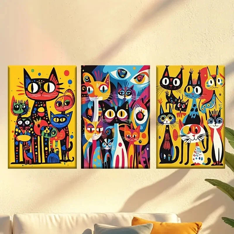 3pcs Colorful Abstract Feline Designs Wall Art Set Canvas Framed 50x70cm - High Quality Print 100% Australian Made Wall Canvas Ready to Hang - Bella Home Decor