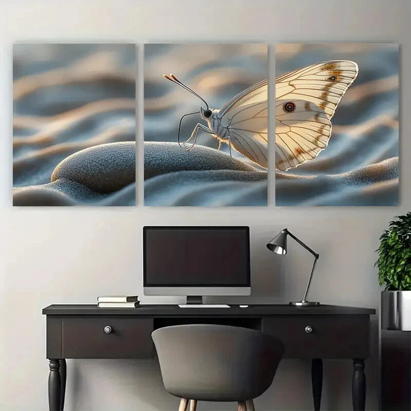 3pcs White Butterfly on Pebble with Sand Waves Zen Metal Print Ready to Hang Art - Bella Home Decor