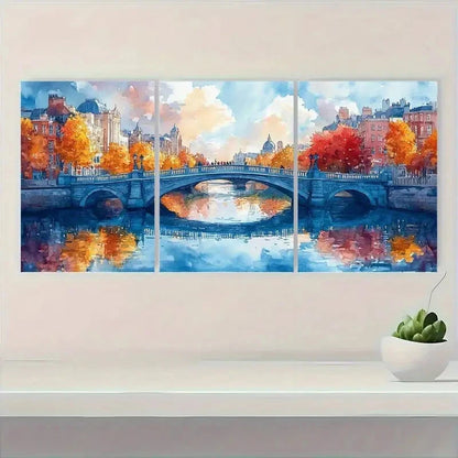 3pcs Vibrant Watercolor Cityscape with River LiffeyMetal Print Ready to Hang Art - Bella Home Decor