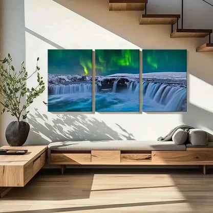 3pcs Snow Scene Aurora and Waterfall Wall Art Set Canvas Framed 40x60cm - High Quality Print 100% Australian Made Wall Canvas Ready to Hang - Bella Home Decor
