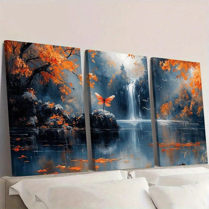 3pcs Autumn Forest Waterfall Scene Dragonfly Wall Art Set Canvas Framed 50x70cm - High Quality Print 100% Australian Made Wall Canvas Ready to Hang