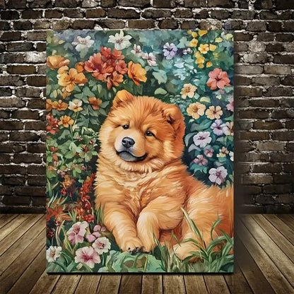 Adorable Chow Chow Puppy with Vibrant Flowers  40x60cm Metal Print Ready to Hang - Bella Home Decor