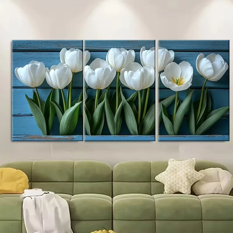 3pcs Elegant White Tulips Metal Print Ready to Hang Art