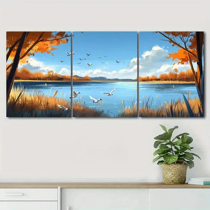3pcs Peaceful Autumn Scenery Blue Sky Perfect Wall Art Canvas Unframed - High Quality Print 100% Australian Made Wall Canvas