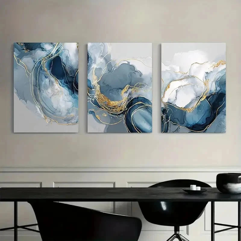 3pcs White/Blue Abstract Smoke Designs Metal Print Ready to Hang Art
