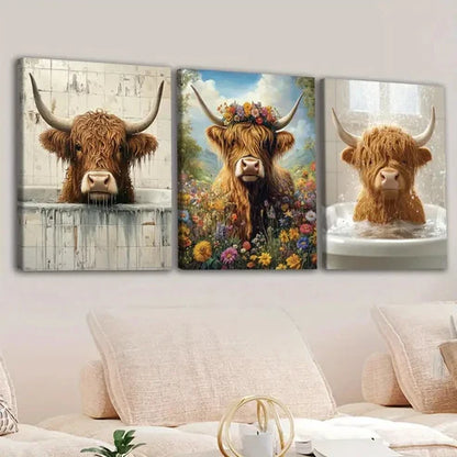 3pcs Highland Cows Blue Sky & White Clouds Brown Wall Art Set Canvas Unframed - High Quality Print 100% Australian Made Wall Canvas