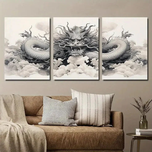 3pcs Japanese Dragon Black & White Wall Art Set Canvas Unframed - High Quality Print 100% Australian Made Wall Canvas