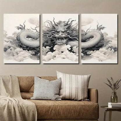 3pcs Japanese Dragon Black & White Wall Art Set Canvas Unframed - High Quality Print 100% Australian Made Wall Canvas