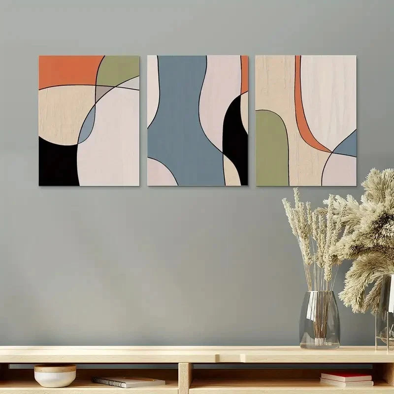 3pcs Designs in Shades ofOrange Blue Black & Green Metal Print Ready to Hang Art - Bella Home Decor