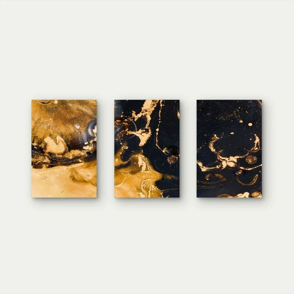 3pcs Black and Gold Fluid Ink Luxury Wall Art Wall Art Set Canvas Framed 50x70cm - High Quality Print 100% Australian Made Wall Canvas Ready to Hang