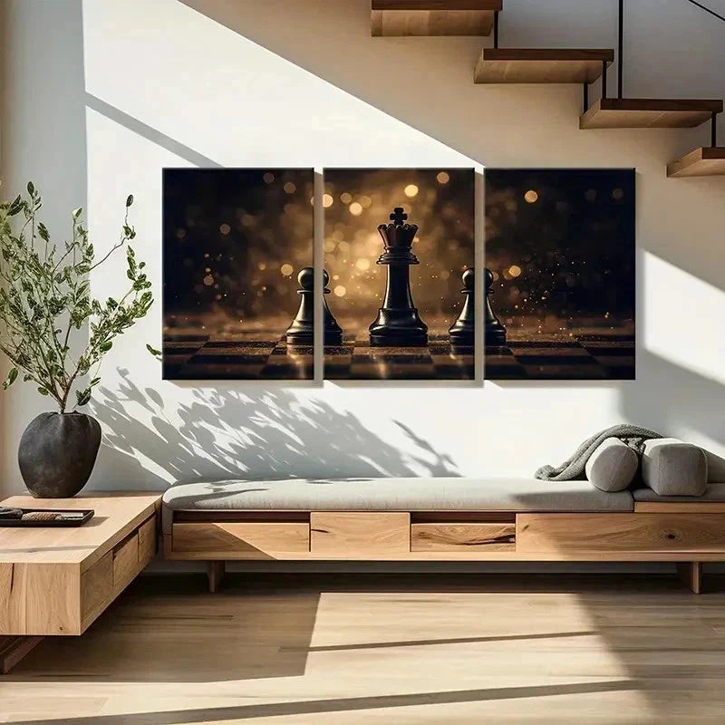 3pcs Black Gold Chessboard Modern Wall Art Set Canvas Framed 50x70cm - High Quality Print 100% Australian Made Wall Canvas Ready to Hang - Bella Home Decor