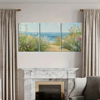 3pcs Seaside Pathway Floral Border Ocean View Metal Print Ready to Hang Art - Bella Home Decor