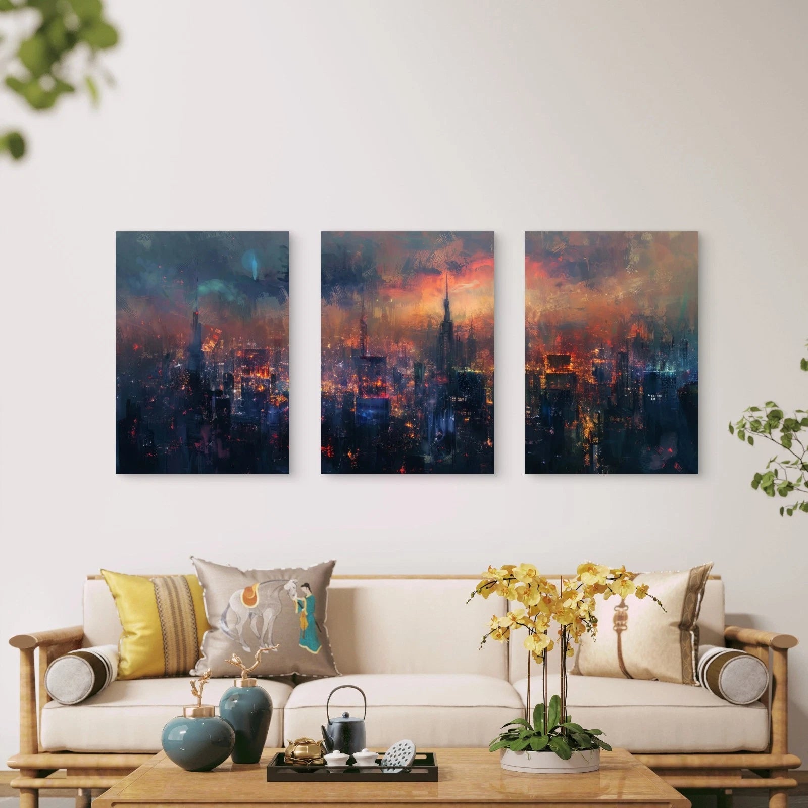 3pcs Blazing Sunset Skies Engulf City Skyline Wall Art Set Canvas Framed 50x70cm - High Quality Print 100% Australian Made Wall Canvas Ready to Hang - Bella Home Decor