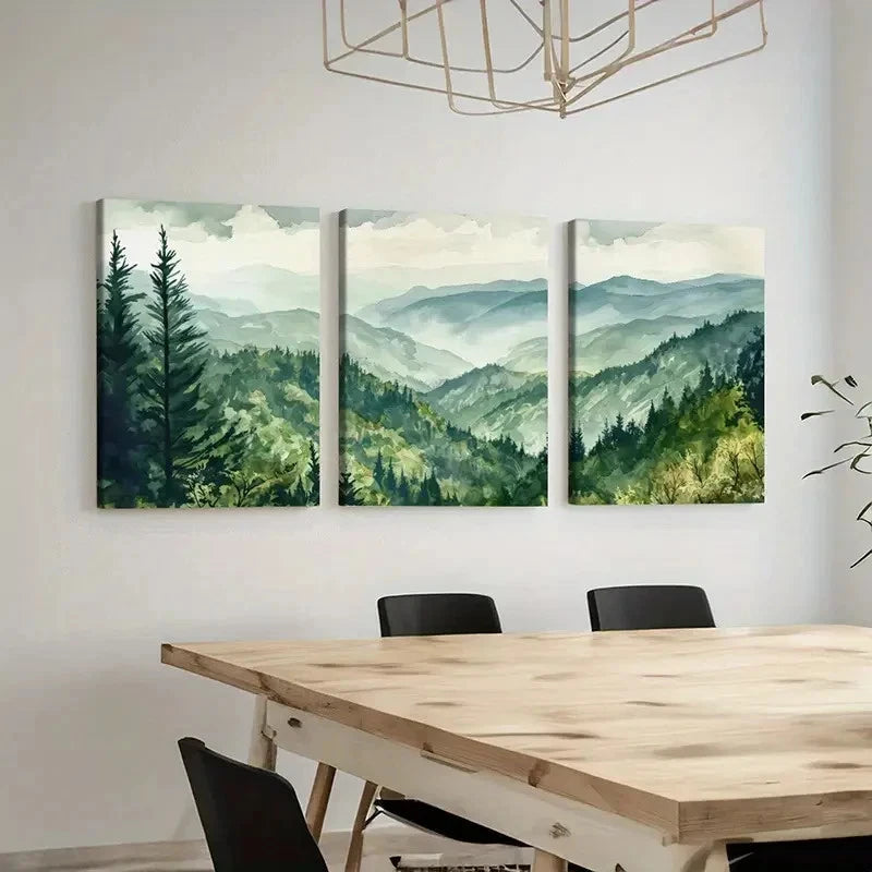 3pcs Vintage Mountain Green Forest Misty Hills Canvas Framed 50x70cm - High Quality Print 100% Australian Made Wall Canvas Ready to Hang
