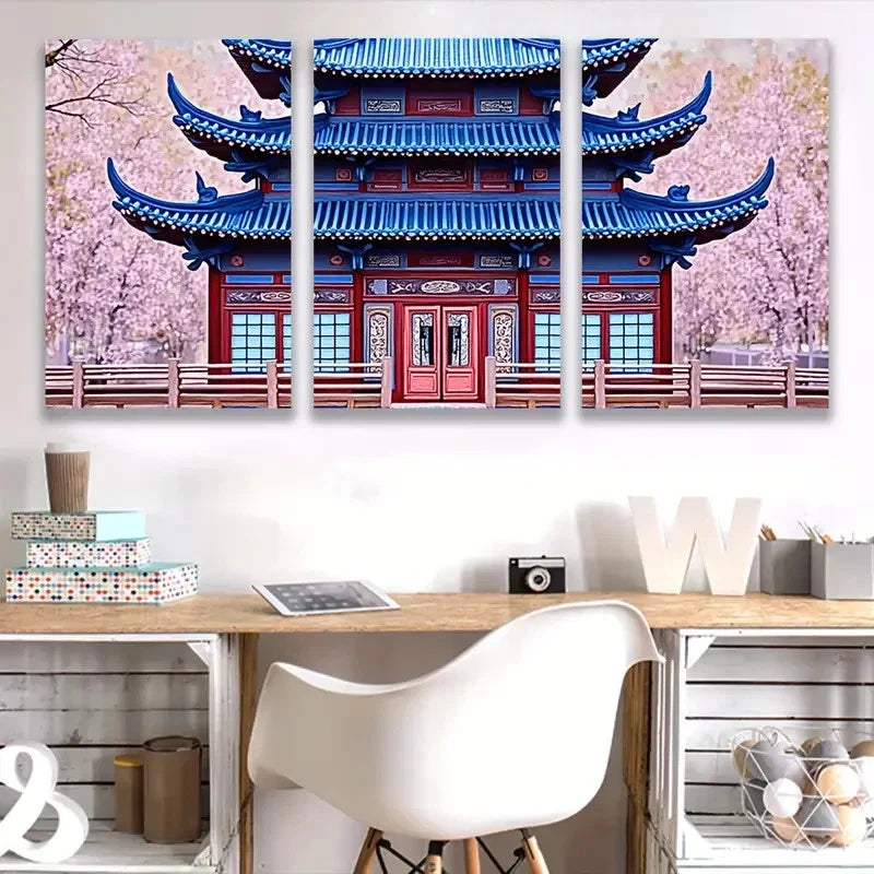 3pcs Red And Blue Pagoda I  Wall Art Set Canvas Framed 50x70cm - High Quality Print 100% Australian Made Wall Canvas Ready to Hang - Bella Home Decor