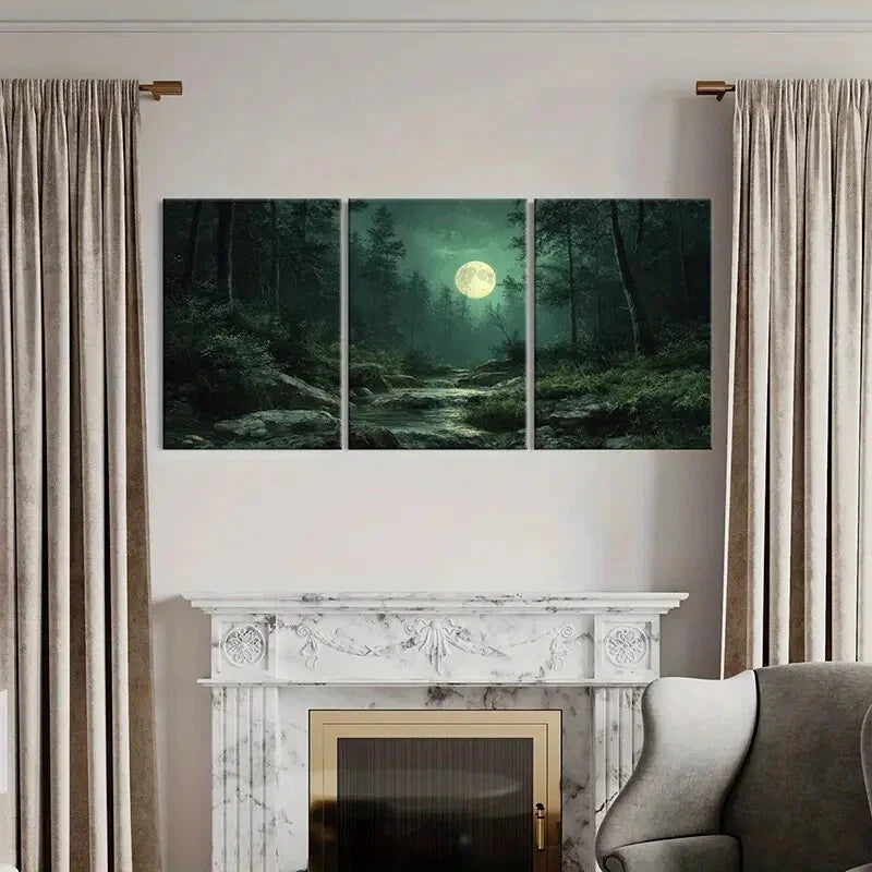 3pcs Moonlit Forest Stream Nature Landscape Metal Print Ready to Hang Art - Bella Home Decor